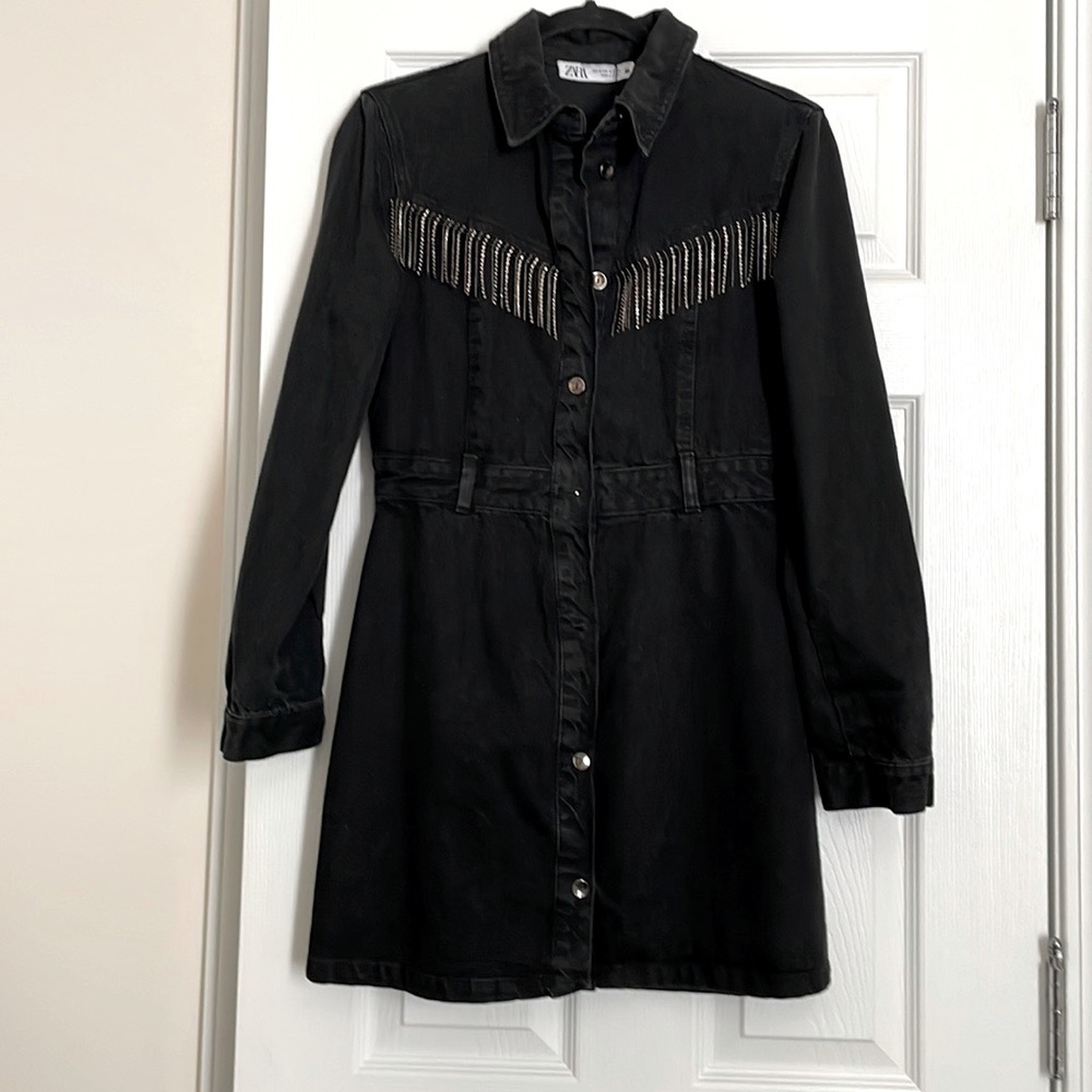 Womens black denim dress with beaded fringe. Size M